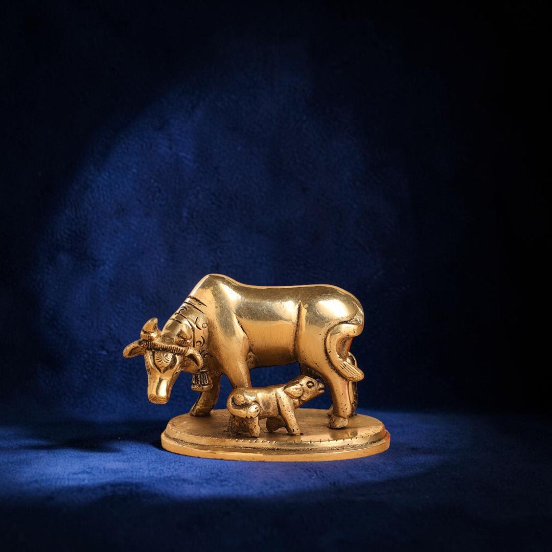 Handcrafted Brass Kamdhenu Cow with Calf Idol (2.5 Inch) | RoyalStuffs - Royalstuffs.com