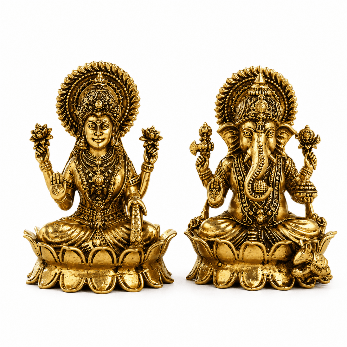 Handcrafted Brass Lotus Ganesha & Lakshmi Idols (4 Inch) | RoyalStuffs - Royalstuffs.com