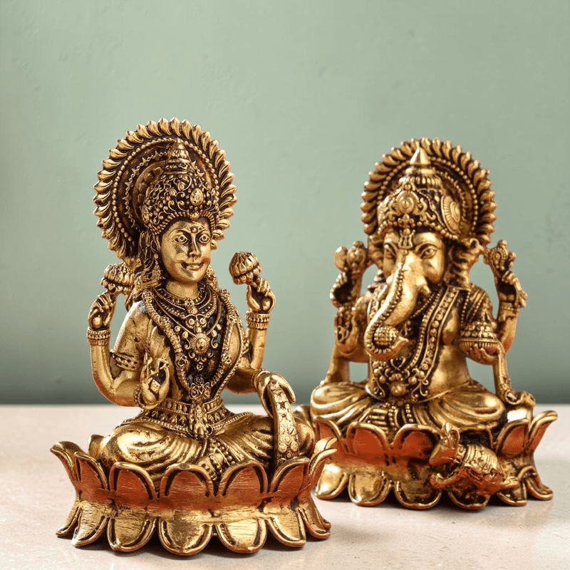 Handcrafted Brass Lotus Ganesha & Lakshmi Idols (4 Inch) | RoyalStuffs - Royalstuffs.com