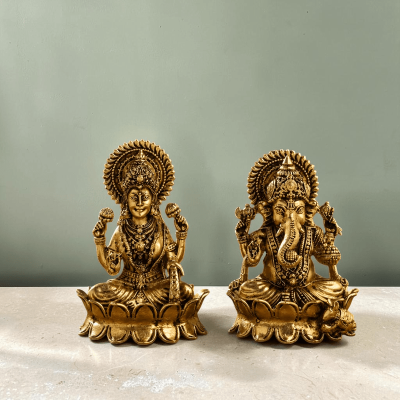 Handcrafted Brass Lotus Ganesha & Lakshmi Idols (4 Inch) | RoyalStuffs - Royalstuffs.com