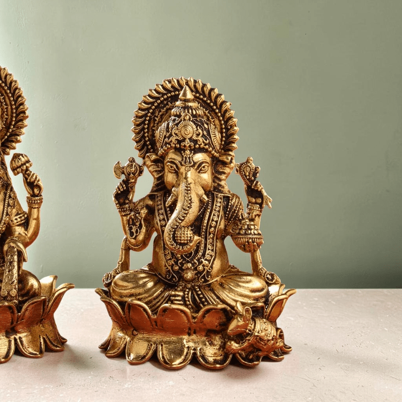 Handcrafted Brass Lotus Ganesha & Lakshmi Idols (4 Inch) | RoyalStuffs - Royalstuffs.com