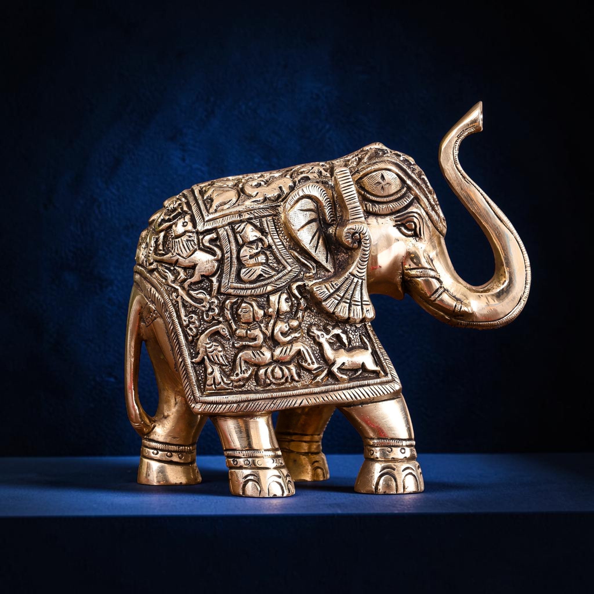 Handcrafted Brass Royal Elephant with Ganesha Carving (6 Inch) | RoyalStuffs - Royalstuffs.com
