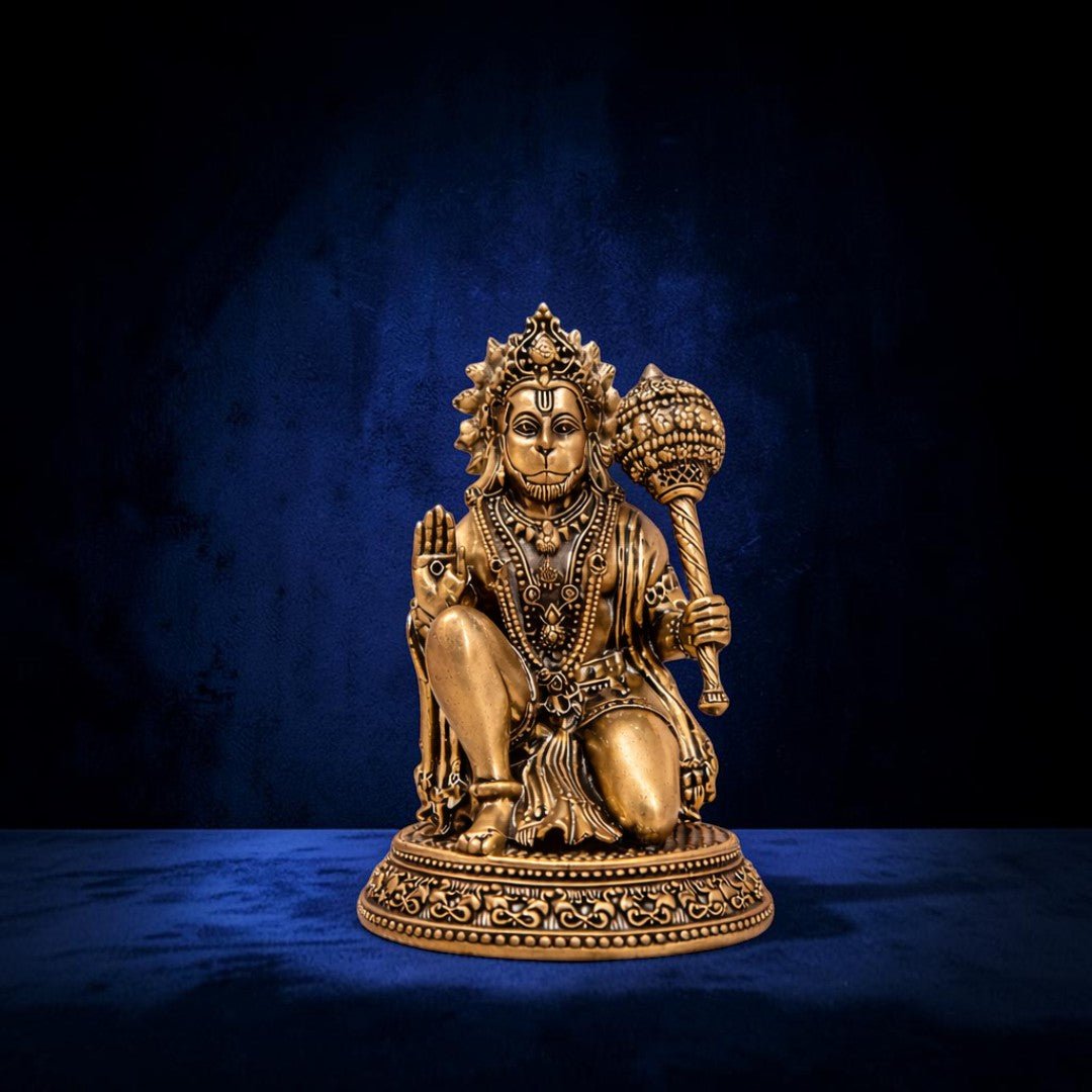 Handcrafted Brass Sitting Blessing Hanuman Idol with Base (4 Inch) | RoyalStuffs - Royalstuffs.com