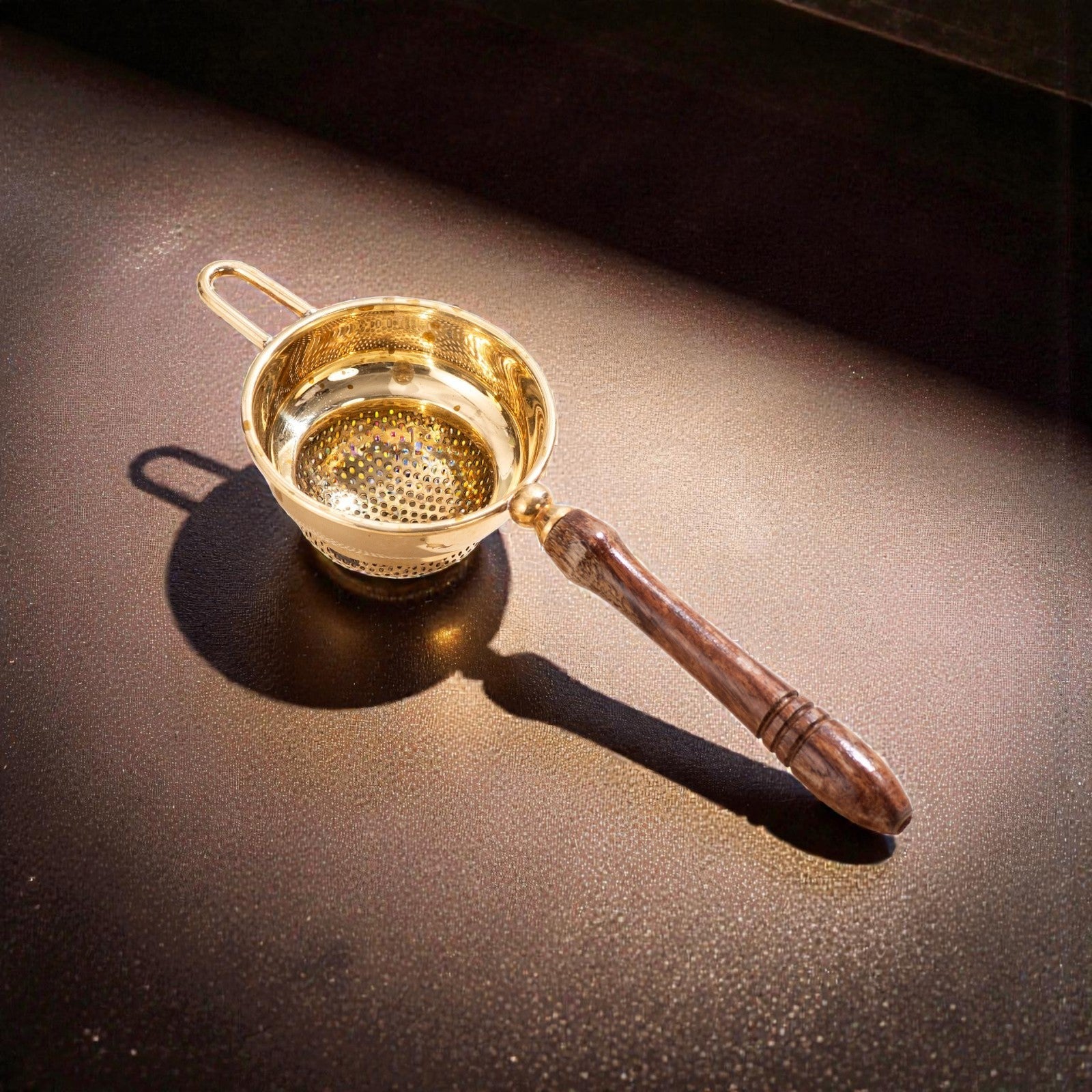 Handcrafted Brass Tea Strainer with Wooden Handle – Premium Chai Filter - Royalstuffs.com