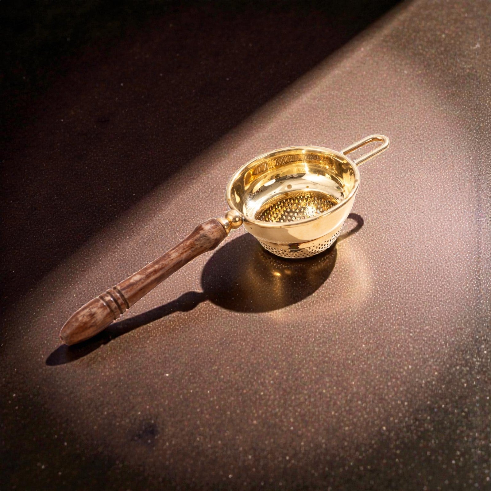 Handcrafted Brass Tea Strainer with Wooden Handle – Premium Chai Filter - Royalstuffs.com