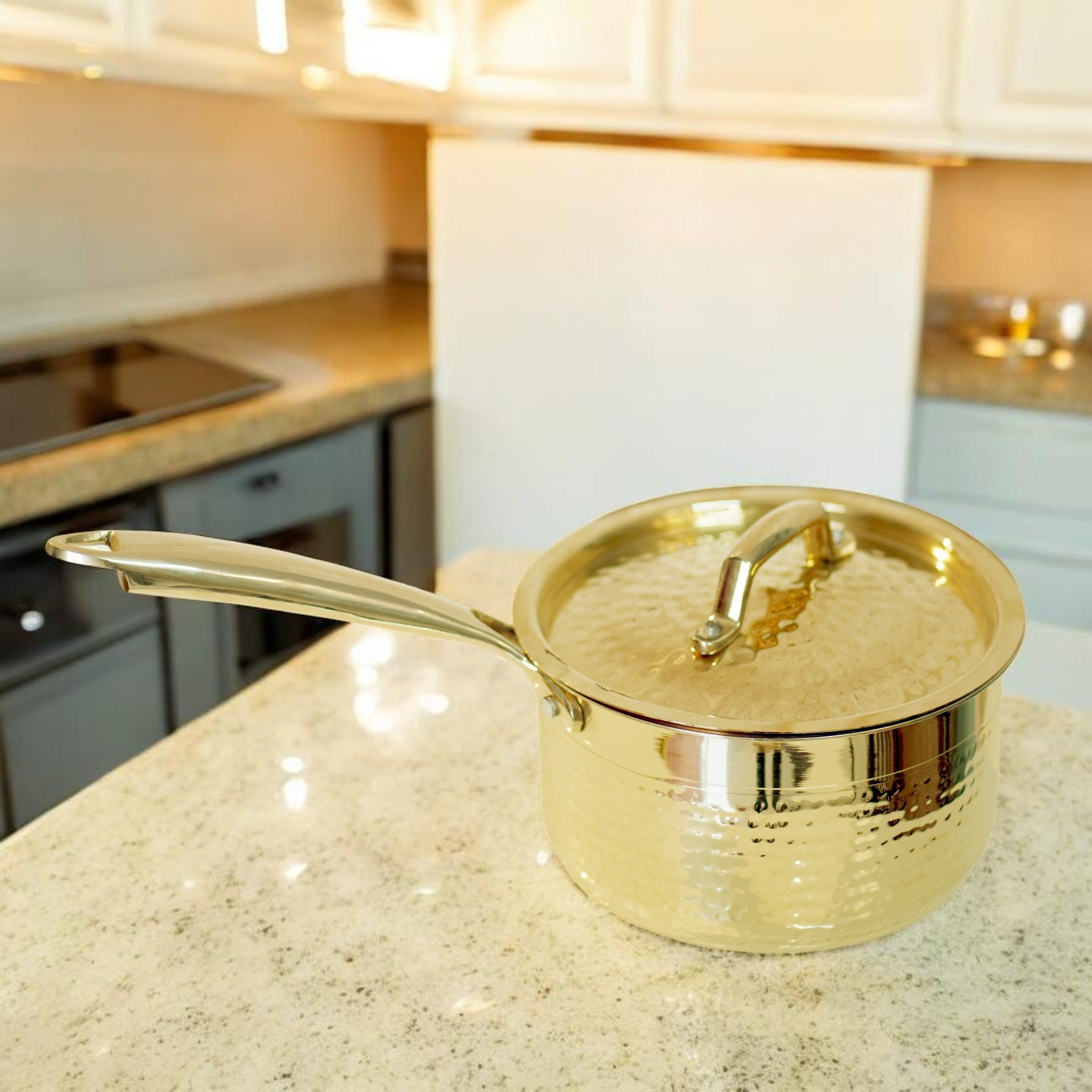 Handcrafted Hammered Brass Sauce Pan with Lid & Broad Handle | RoyalStuffs - Royalstuffs.com