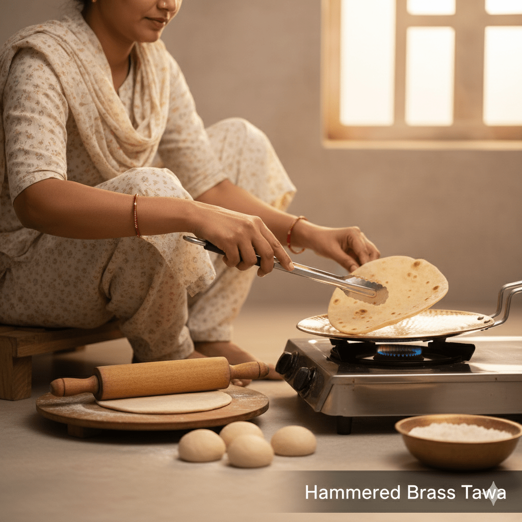 Handcrafted Hammered Brass Tawa with Broad Handle | RoyalStuffs - Royalstuffs.com