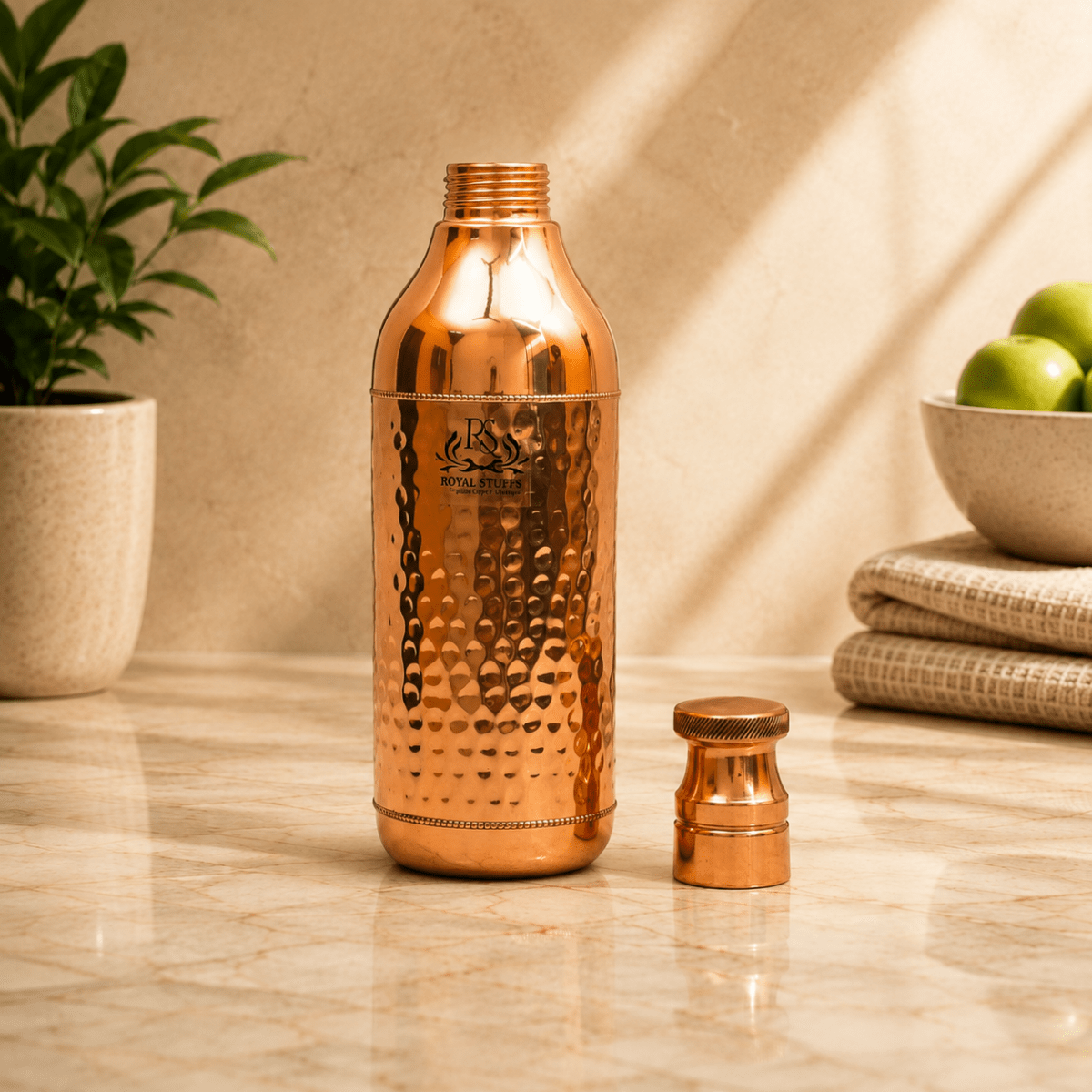 Handcrafted Hammered Copper Water Bottle 1200 ML | Leak Proof Champagne Shape Design - Royalstuffs.com