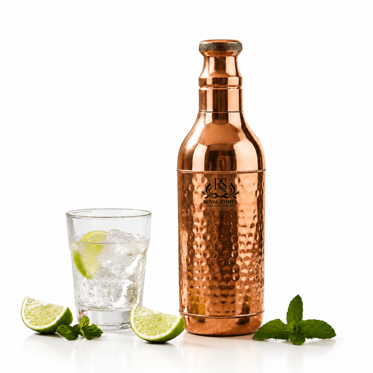 Handcrafted Hammered Copper Water Bottle 1200 ML | Leak Proof Champagne Shape Design - Royalstuffs.com