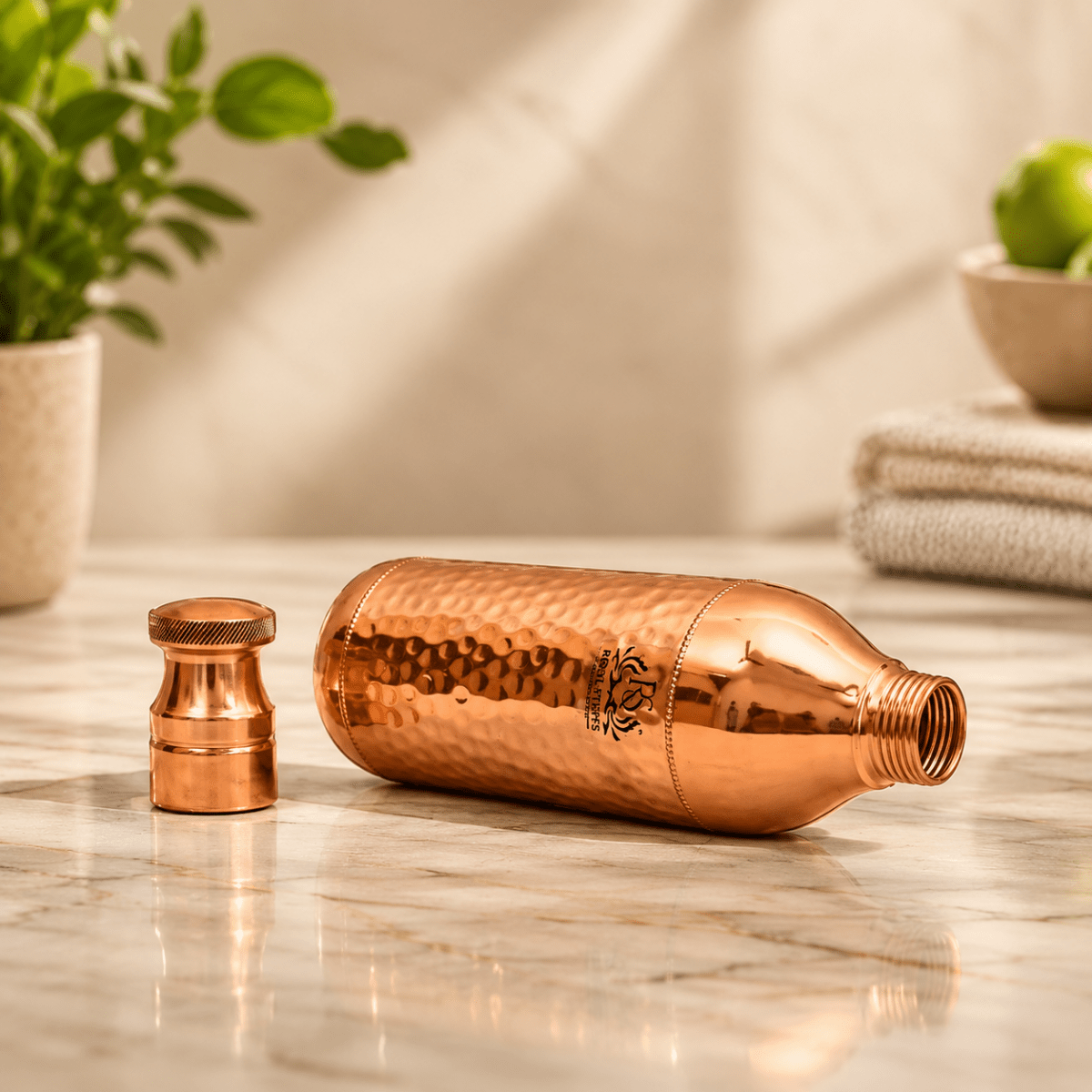 Handcrafted Hammered Copper Water Bottle 1200 ML | Leak Proof Champagne Shape Design - Royalstuffs.com