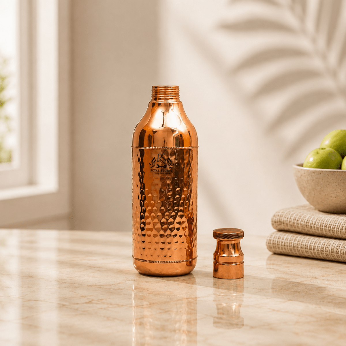 Handcrafted Hammered Copper Water Bottle 1200 ML | Leak Proof Champagne Shape Design - Royalstuffs.com