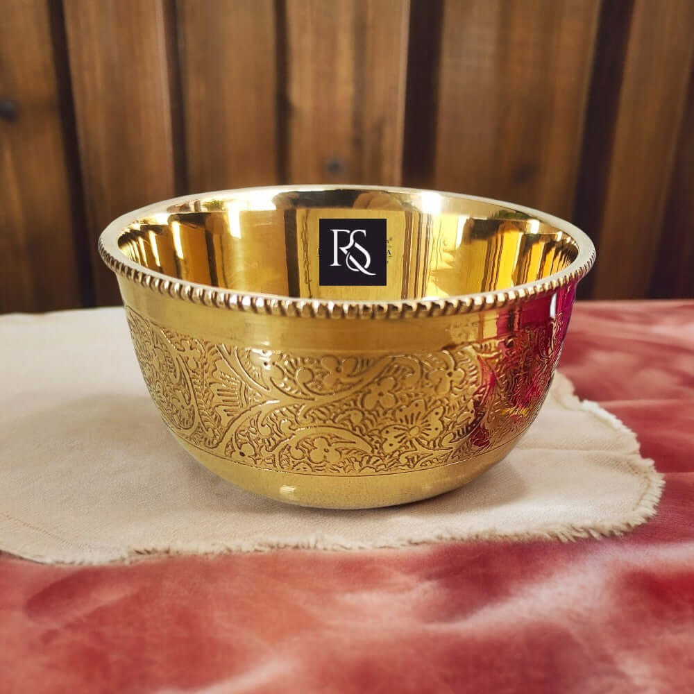 Handcrafted Pure Brass Embossed Round Shaped Bowl -150ml - Royalstuffs.com