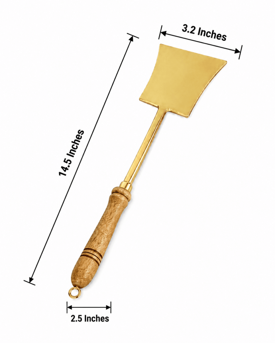 Handcrafted Pure Brass Tavetha / Spatula Turner with Wooden Handle | For Dosa, Roti & Chapati | 14.5" Length - Royalstuffs.com