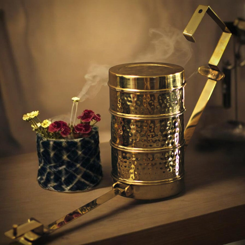 Handmade Hammered Brass 3-Tier Lunch Box (Traditional Tiffin Carrier)
