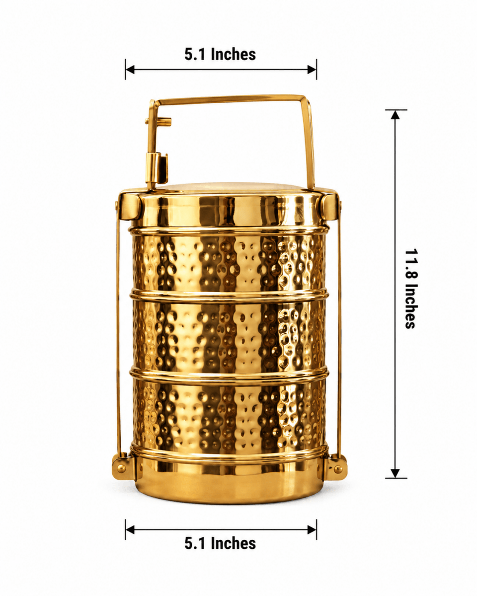 Handmade Hammered Brass 3-Tier Lunch Box (Traditional Tiffin Carrier) - Royalstuffs.com