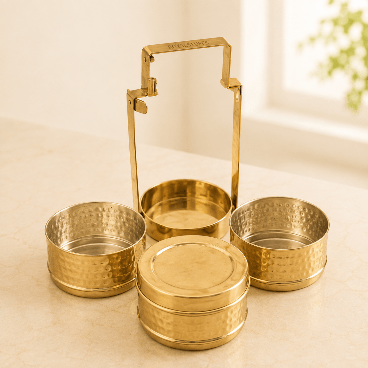 Handmade Hammered Brass 3-Tier Lunch Box (Traditional Tiffin Carrier) - Royalstuffs.com