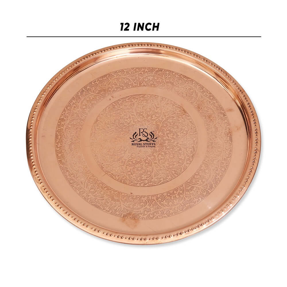 Handmade Pure Copper Plate 12 INCH Dish Embossed Design Round Shape Plate - Royalstuffs.com