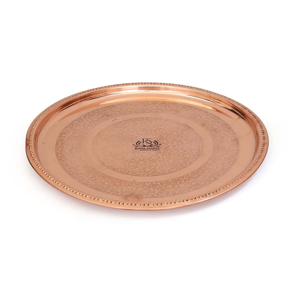 Handmade Pure Copper Plate 12 INCH Dish Embossed Design Round Shape Plate - Royalstuffs.com