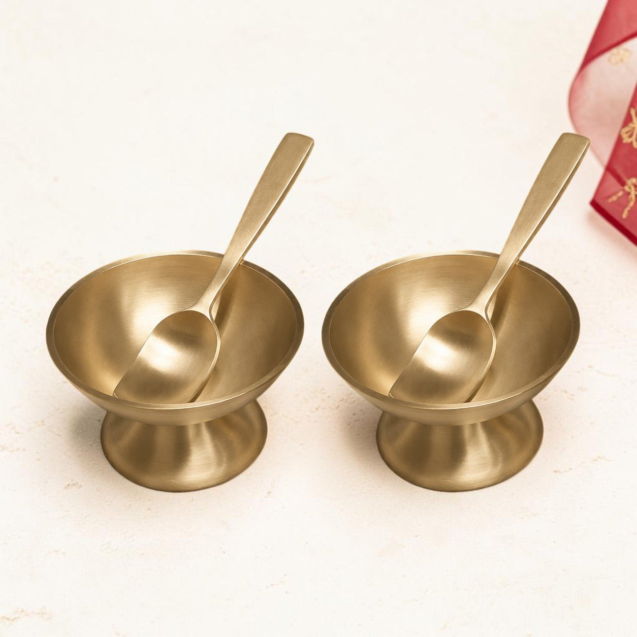 Handmade Pure Kansa Ice Cream Cup with Spoon Matt | Set of 2 | Traditional Bronze Dessert Bowl - Royalstuffs.com