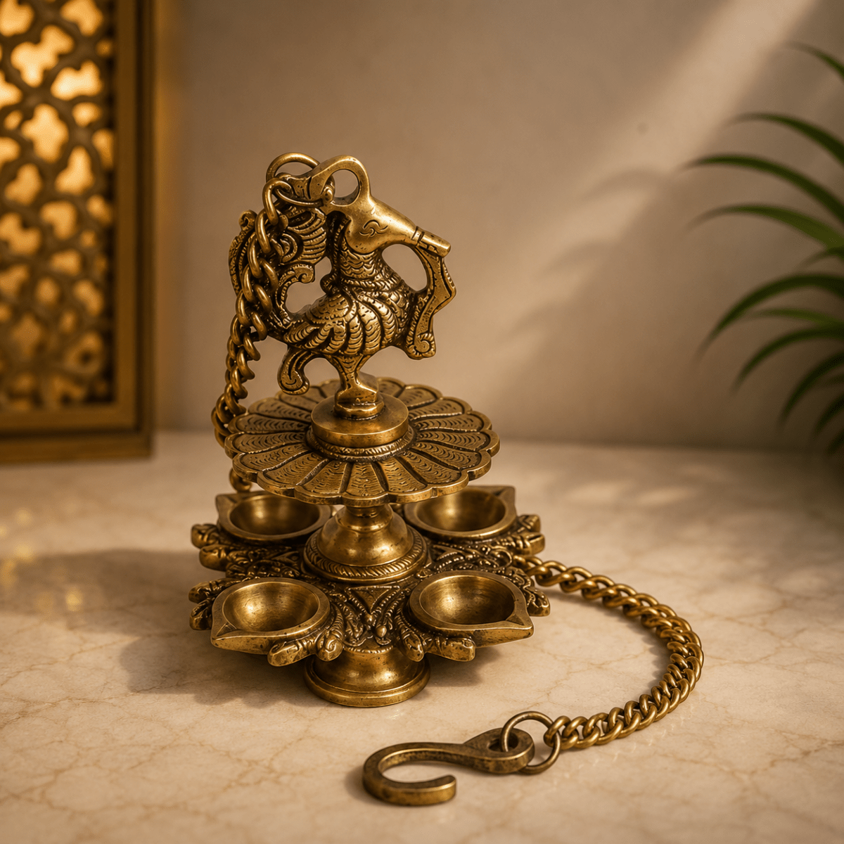 Hanging Bird Diya made in Brass with 4 Deepak- Antique Finish - Royalstuffs.com