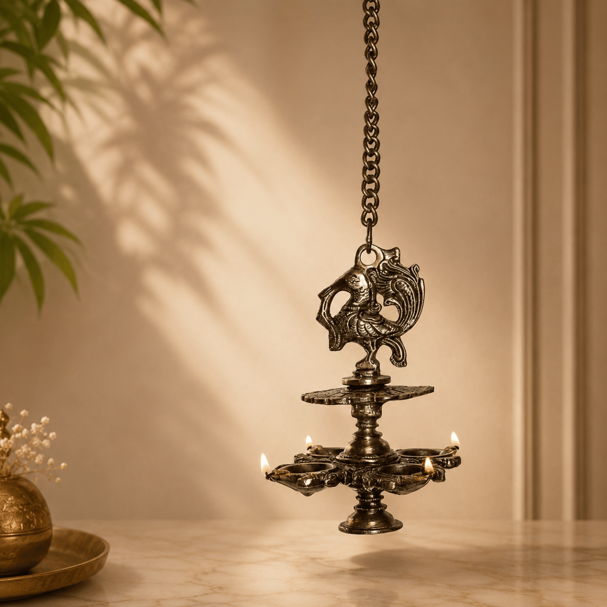 Hanging Bird Diya made in Brass with 4 Deepak- Antique Finish - Royalstuffs.com