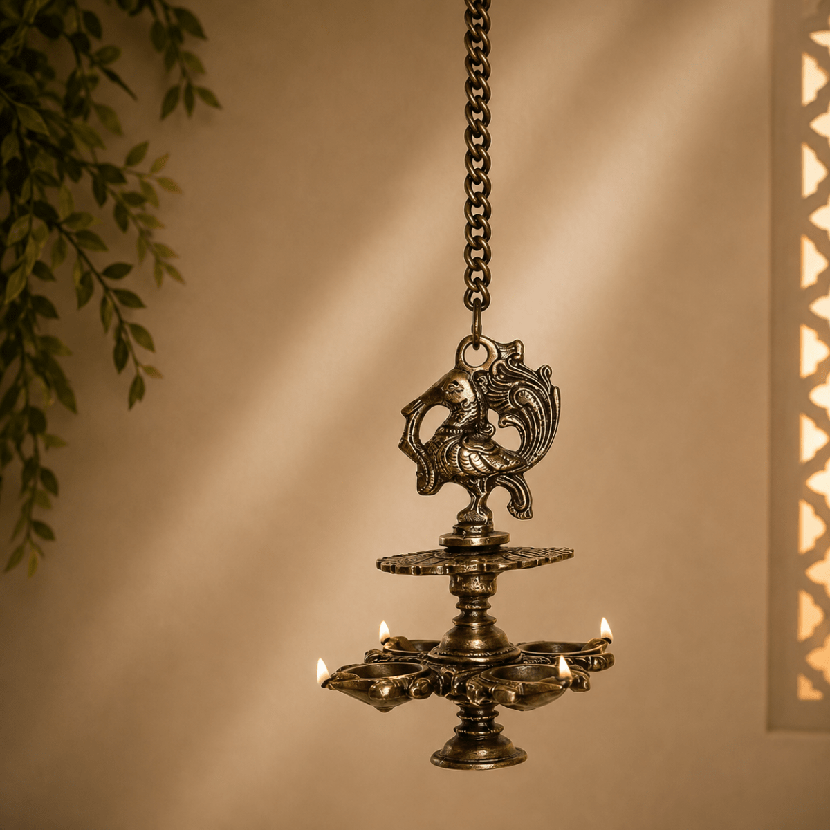 Hanging Bird Diya made in Brass with 4 Deepak- Antique Finish - Royalstuffs.com