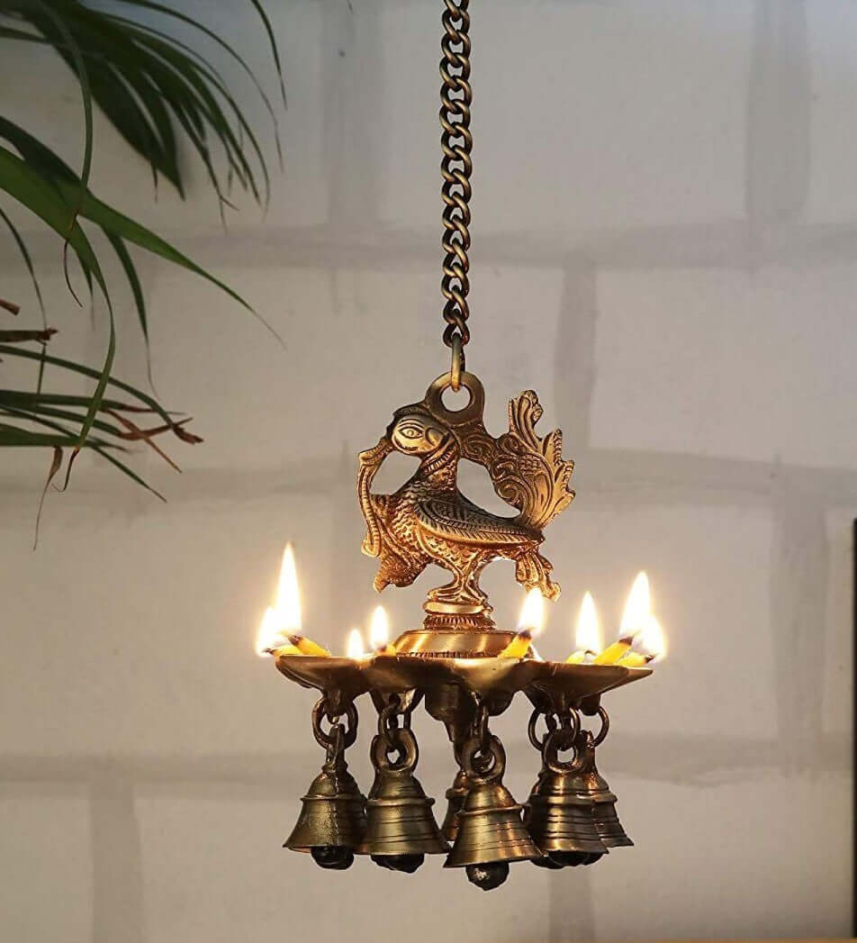 Hanging Bird Diya made in Brass with 4 Deepak- Antique Finish - Royalstuffs.com