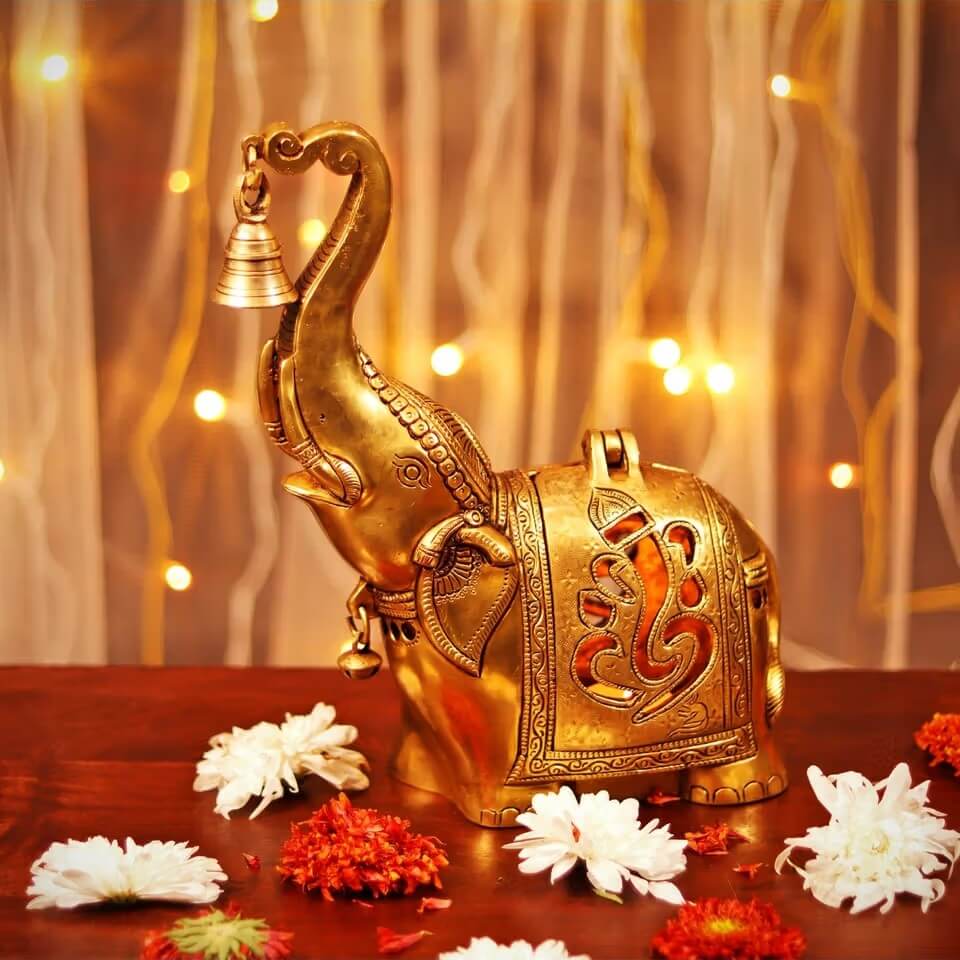 HEAVY BRASS ELEPHANT DIYA WITH BELL (10.5 INCH) - Royalstuffs.com