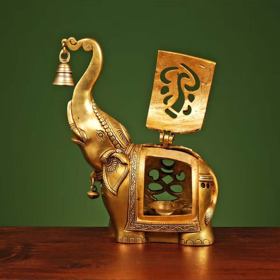 HEAVY BRASS ELEPHANT DIYA WITH BELL (10.5 INCH) - Royalstuffs.com
