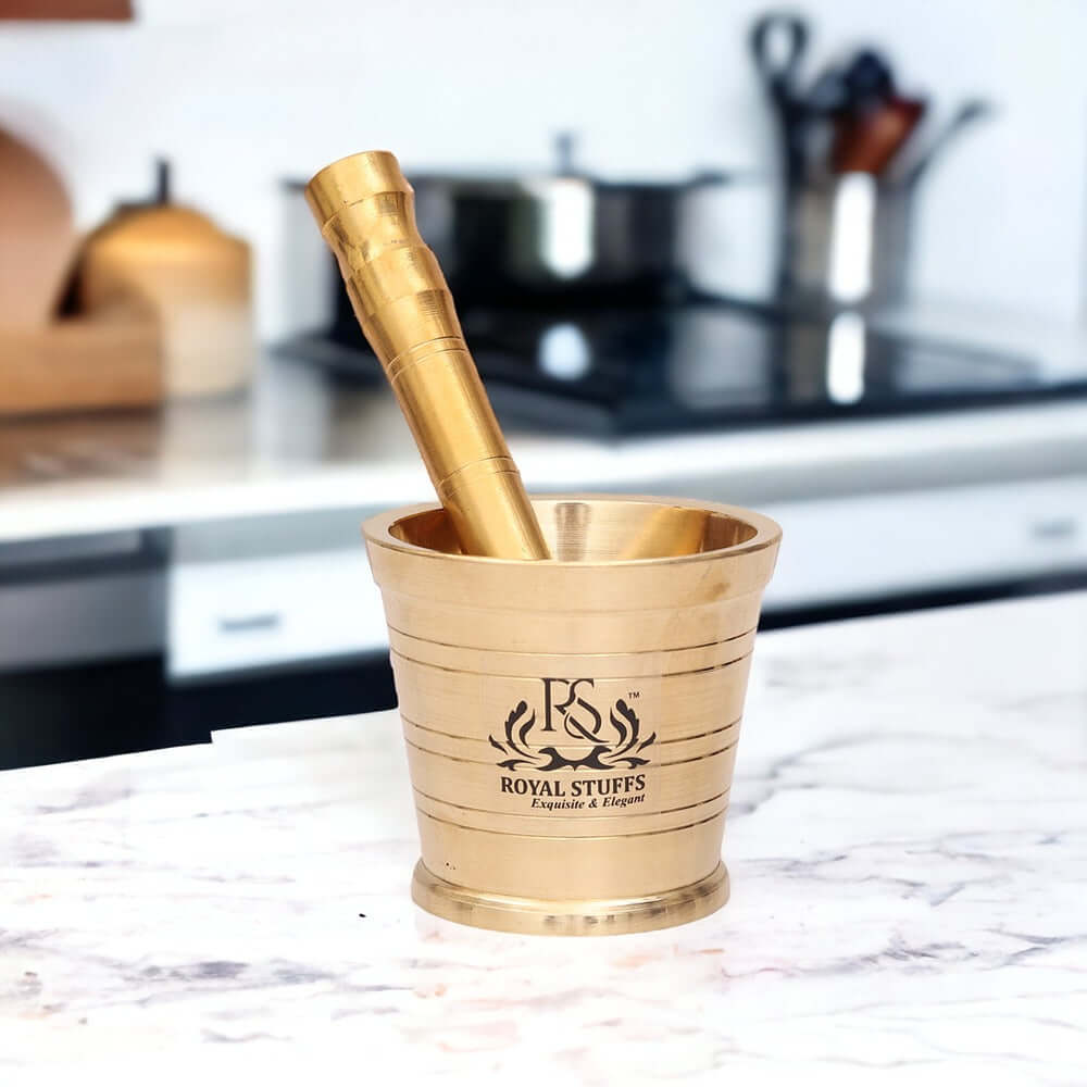 Heavy Brass Mortar Pestle Hand Smasher Kitchen Khalbatta Okhli Masher - Royalstuffs.com