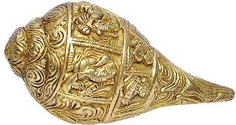 Heavy Metal Brass Ganesha on Shankh (Golden, 1 KG) - Royalstuffs.com