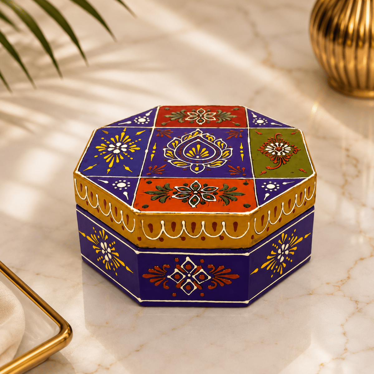 India Wooden Masala Dabba Spice Box with Beautiful Mughal Painting - Royalstuffs.com