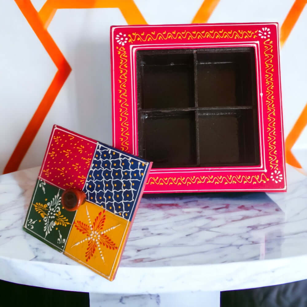 Indian Dry Fruit Box Wooden, Handpainted Or Spices Box for Kitchen, Color : Multi , Size : L : 6 Inch, B : 8 Inch, H: 2.2 Inch - Royalstuffs.com