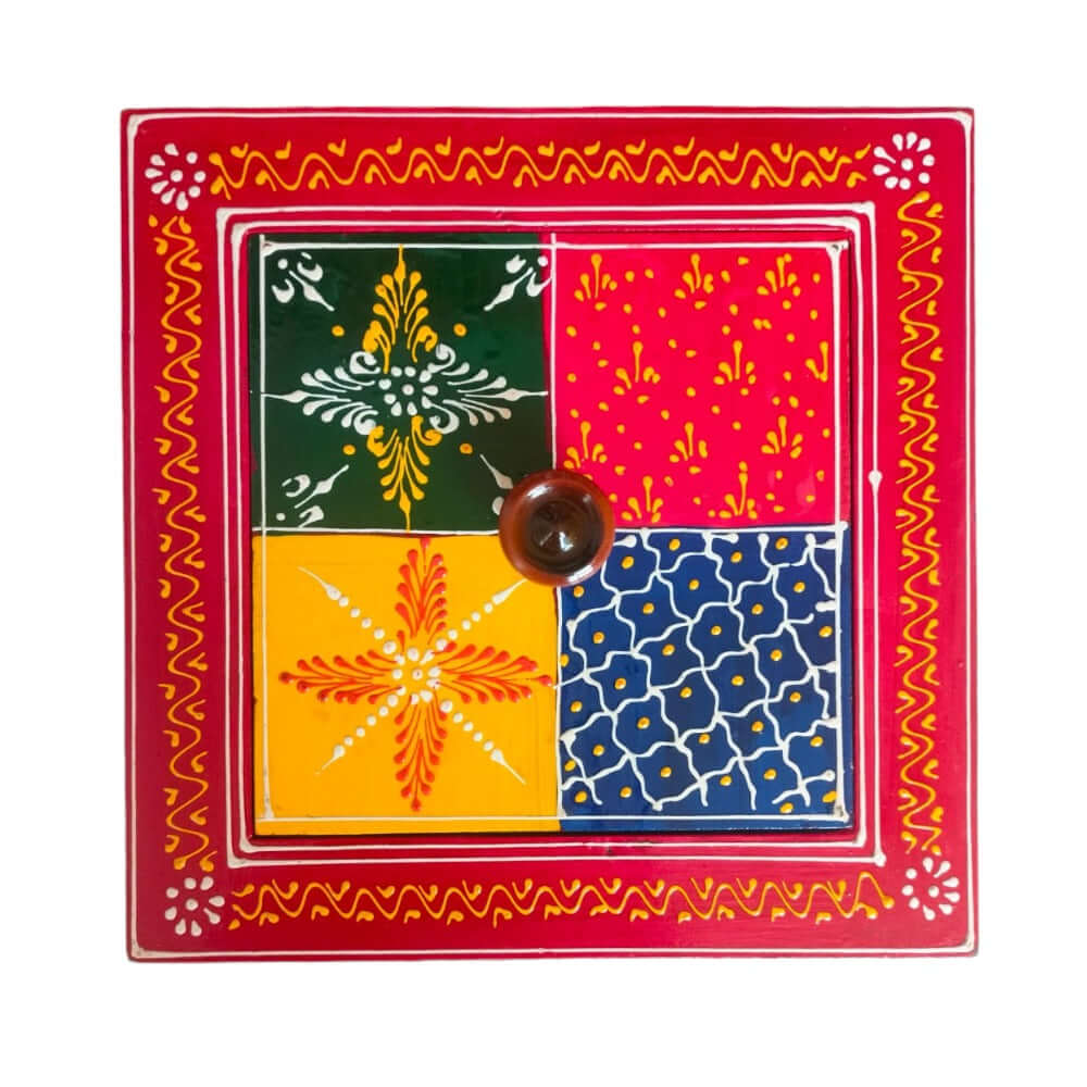 Indian Dry Fruit Box Wooden, Handpainted Or Spices Box for Kitchen, Color : Multi , Size : L : 6 Inch, B : 8 Inch, H: 2.2 Inch - Royalstuffs.com
