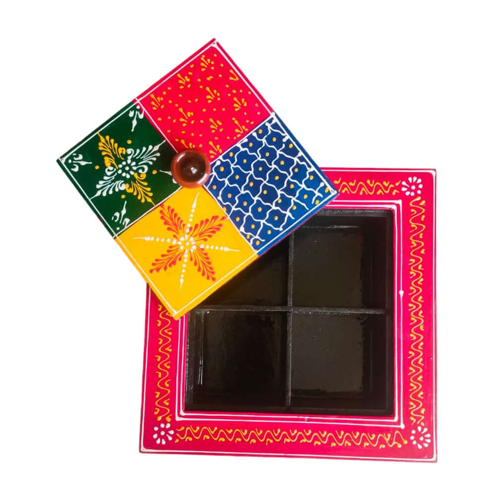 Indian Dry Fruit Box Wooden, Handpainted Or Spices Box for Kitchen, Color : Multi , Size : L : 6 Inch, B : 8 Inch, H: 2.2 Inch - Royalstuffs.com