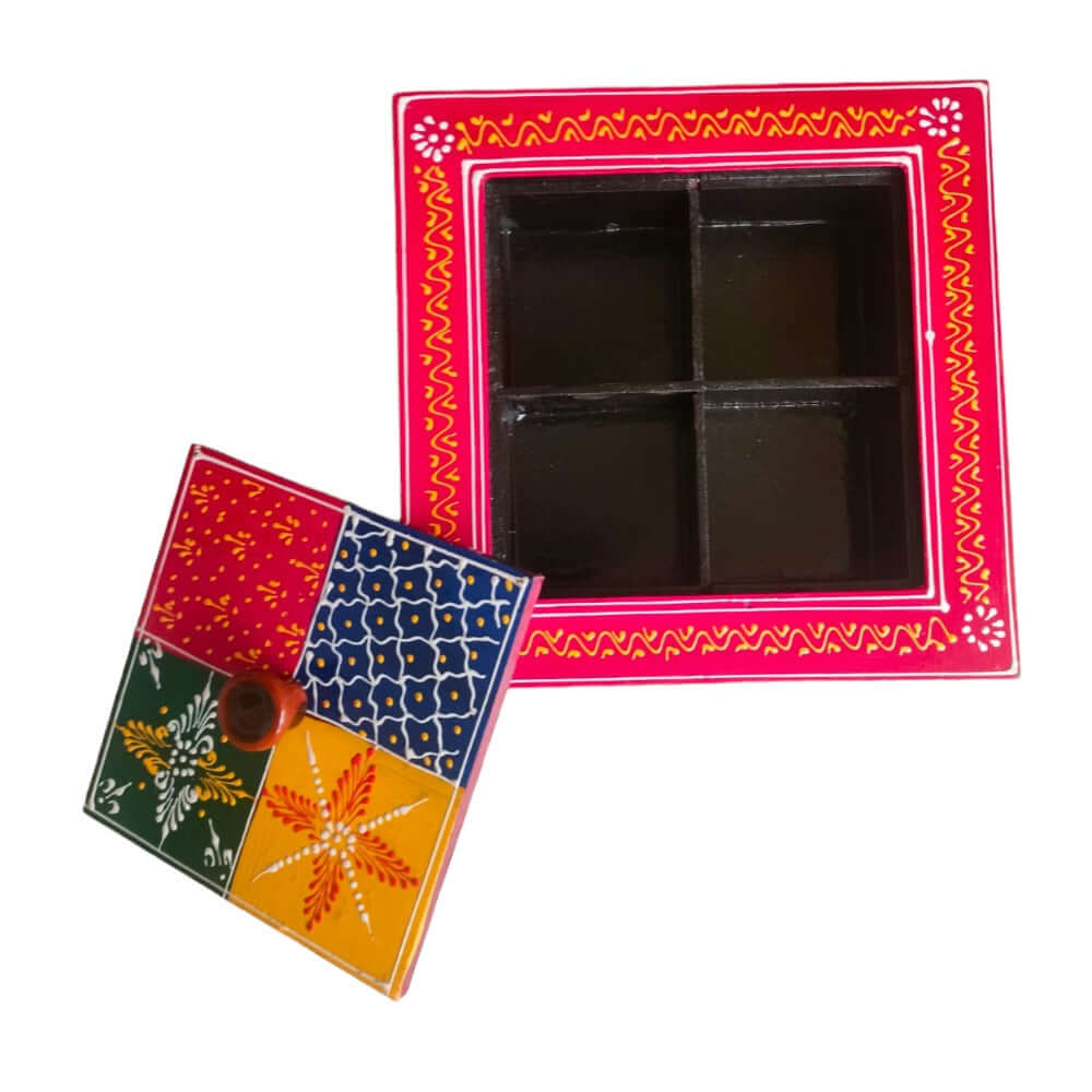 Indian Dry Fruit Box Wooden, Handpainted Or Spices Box for Kitchen, Color : Multi , Size : L : 6 Inch, B : 8 Inch, H: 2.2 Inch - Royalstuffs.com