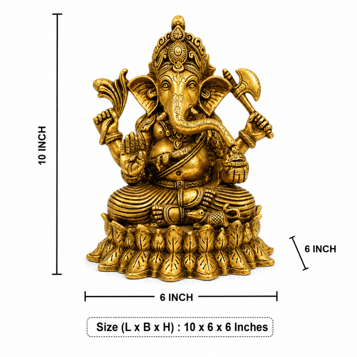 Indian Handmade Brass Antique Finish 10-Inch Lord Ganpati Murti on Lotus Base - 4.5 KG - Royalstuffs.com