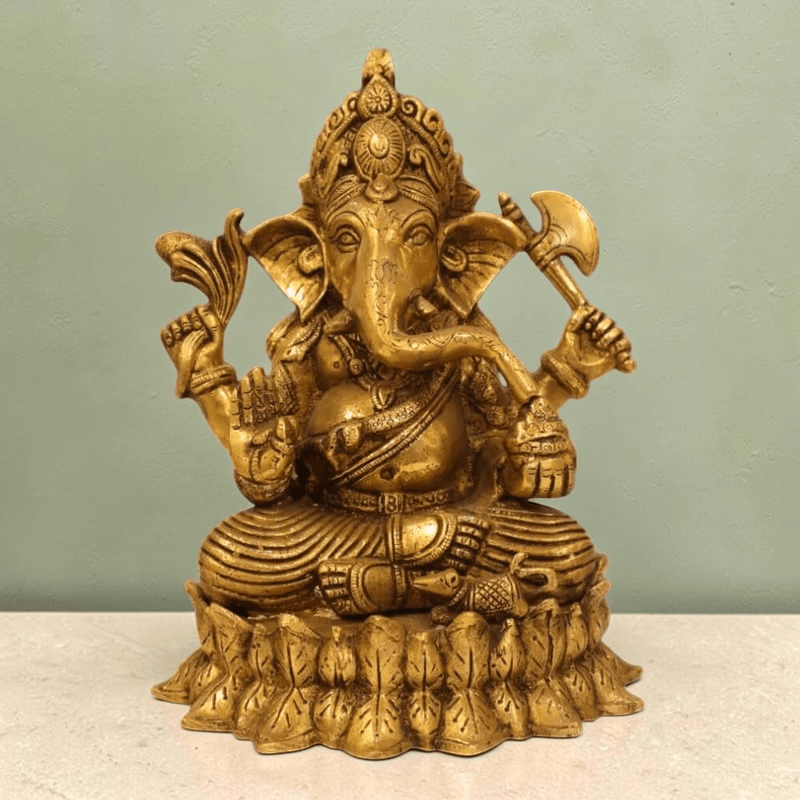 Indian Handmade Brass Antique Finish 10-Inch Lord Ganpati Murti on Lotus Base - 4.5 KG - Royalstuffs.com