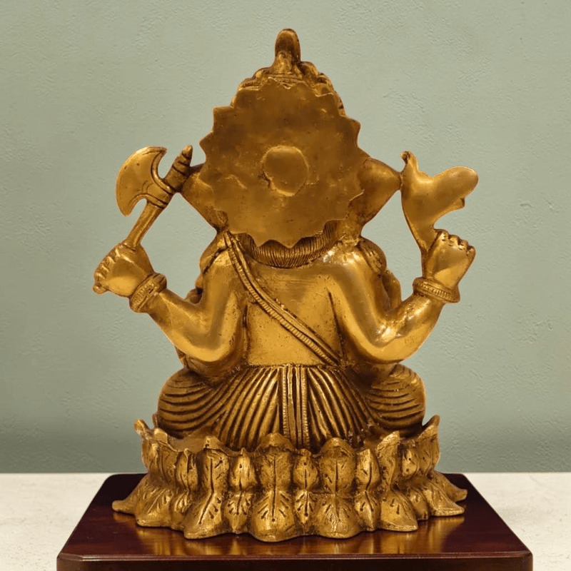 Indian Handmade Brass Antique Finish 10-Inch Lord Ganpati Murti on Lotus Base - 4.5 KG - Royalstuffs.com