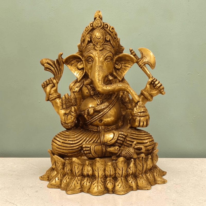 Indian Handmade Brass Antique Finish 10-Inch Lord Ganpati Murti on Lotus Base - 4.5 KG - Royalstuffs.com