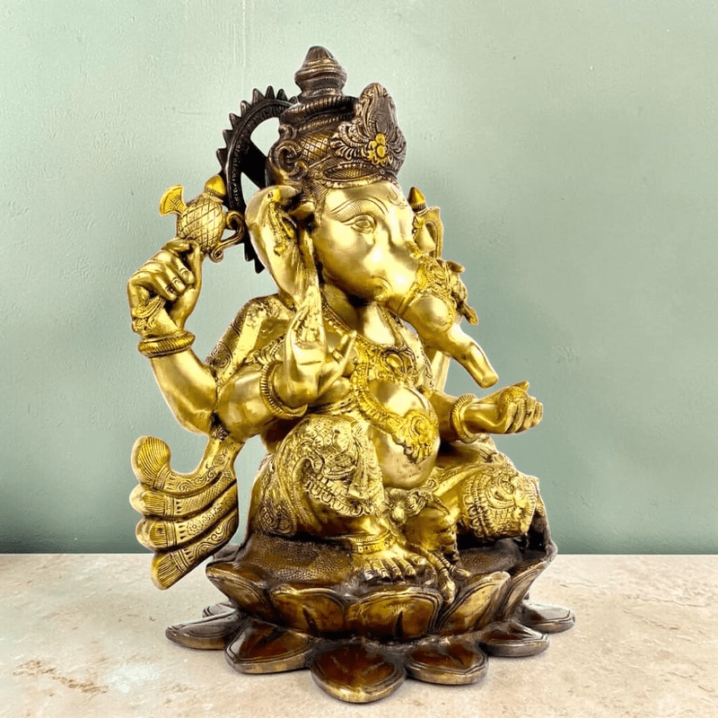 Large Brass Lord Ganesha Seated on Lotus Handmade in India - Exotic Triple Chola - Royalstuffs.com