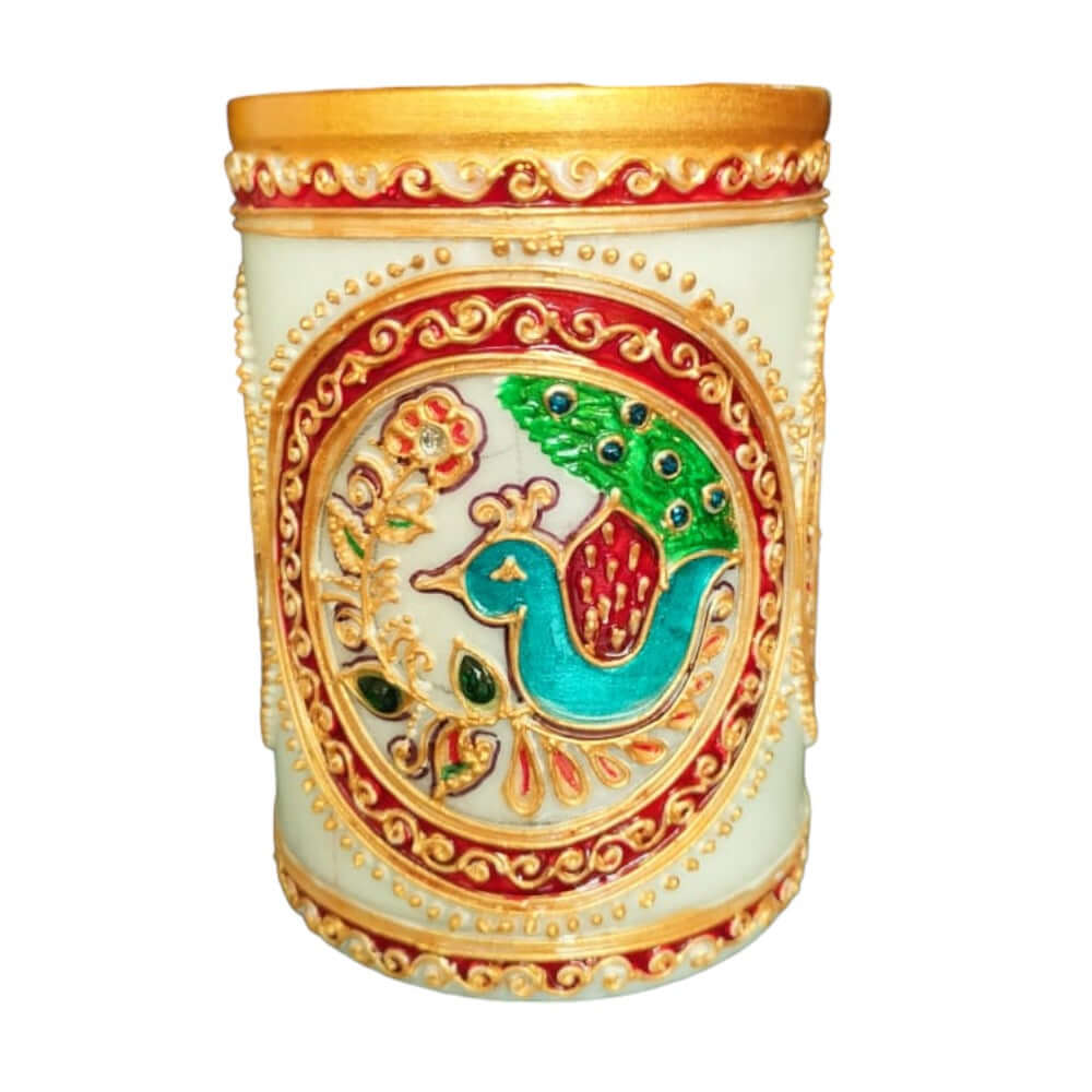 Little India Gold Meenakari Mayur Design White Marble Pen Stand, White,Weight:365 Gram - Royalstuffs.com