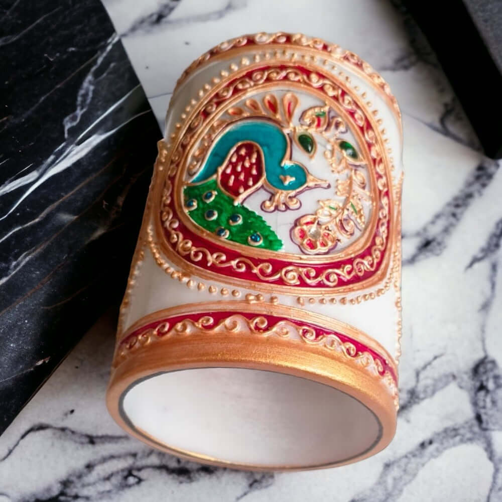 Little India Gold Meenakari Mayur Design White Marble Pen Stand, White,Weight:365 Gram - Royalstuffs.com