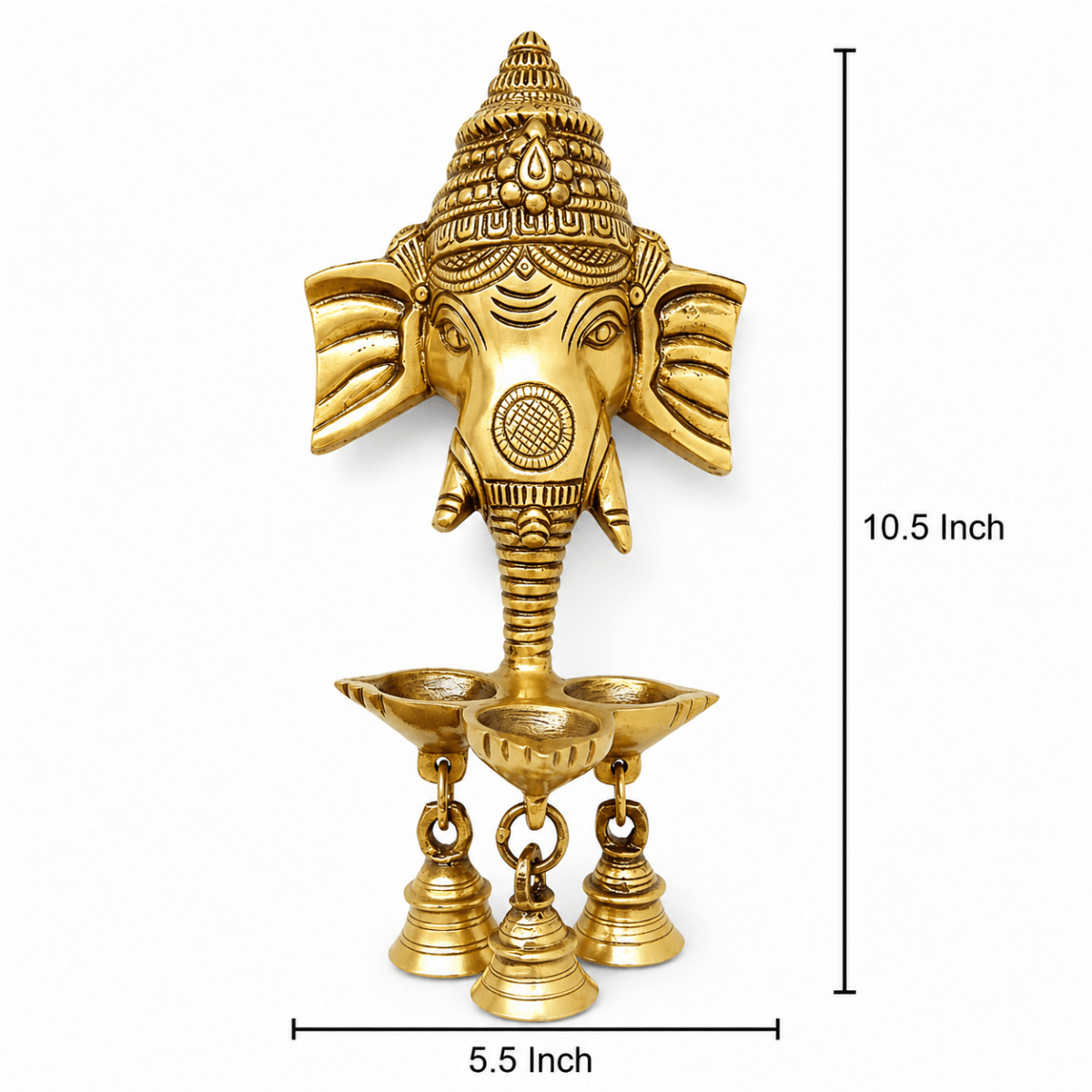 Lord Ganesha Face Three Wicks Oil Hanging Lamp with 3 Bells - Royalstuffs.com