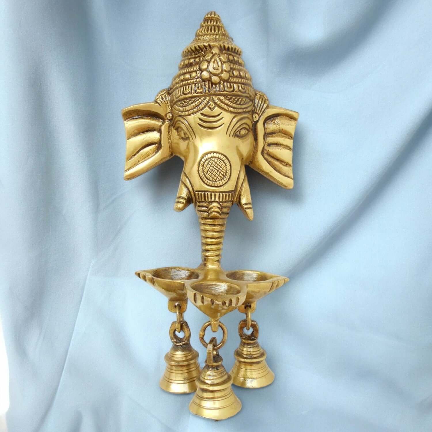 Lord Ganesha Face Three Wicks Oil Hanging Lamp with 3 Bells - Royalstuffs.com
