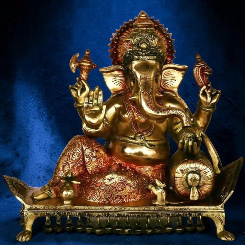 Lord Ganesha Seated on Chowki Figurine Exotic India Finish Height:15",Weiht:14.5 Kg. - Royalstuffs.com