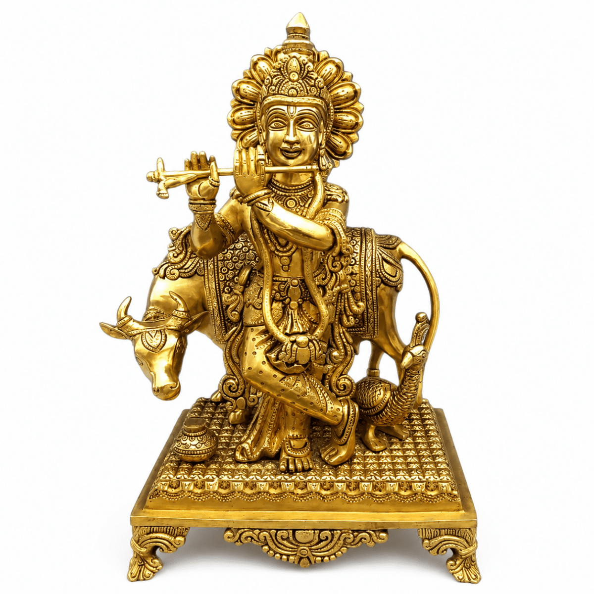 Lord Krishna Brass Statue with Cow,Height:16 Inch,Width:9 Inch,Weight:9 Kg - Royalstuffs.com