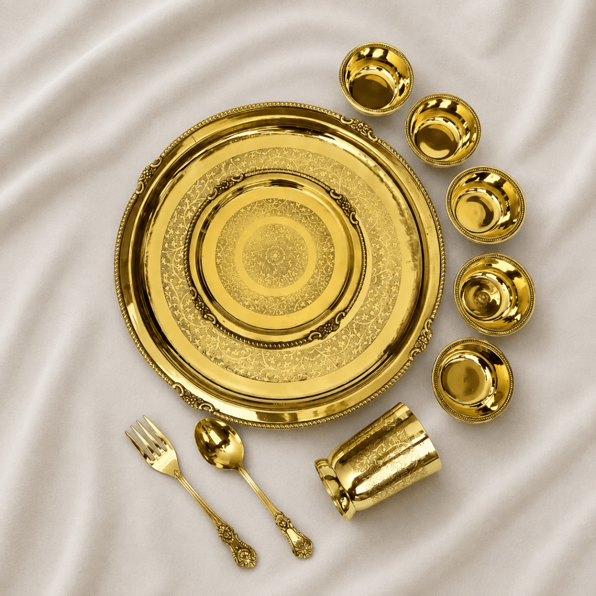 Maharaja 10 Pcs Brass Dinner Set – Etched Gold Pital Dinnerware - Royalstuffs.com