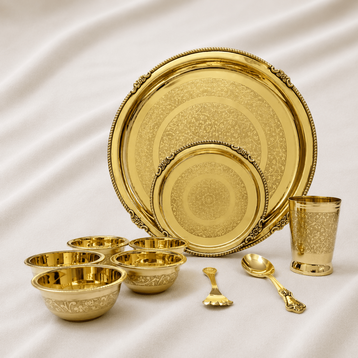 Maharaja 10 Pcs Brass Dinner Set – Etched Gold Pital Dinnerware - Royalstuffs.com