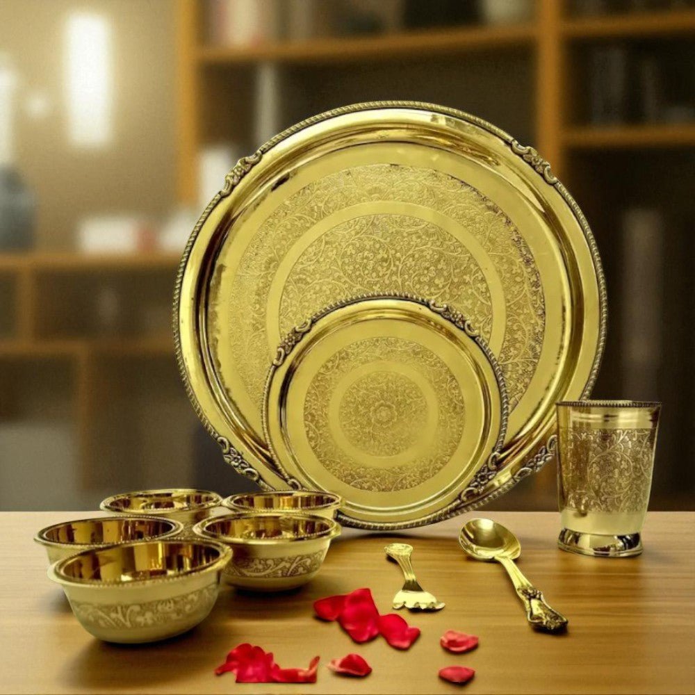 Maharaja 10 Pcs Brass Dinner Set – Etched Gold Pital Dinnerware - Royalstuffs.com